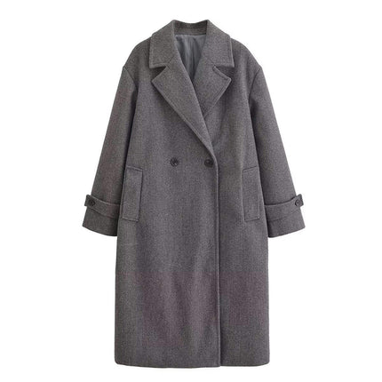 Womens Notched Lapel Collar Coat Winter Double-Breasted Outerwear Mid Long Jacket
