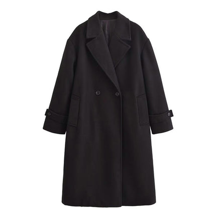 Womens Notched Lapel Collar Coat Winter Double-Breasted Outerwear Mid Long Jacket