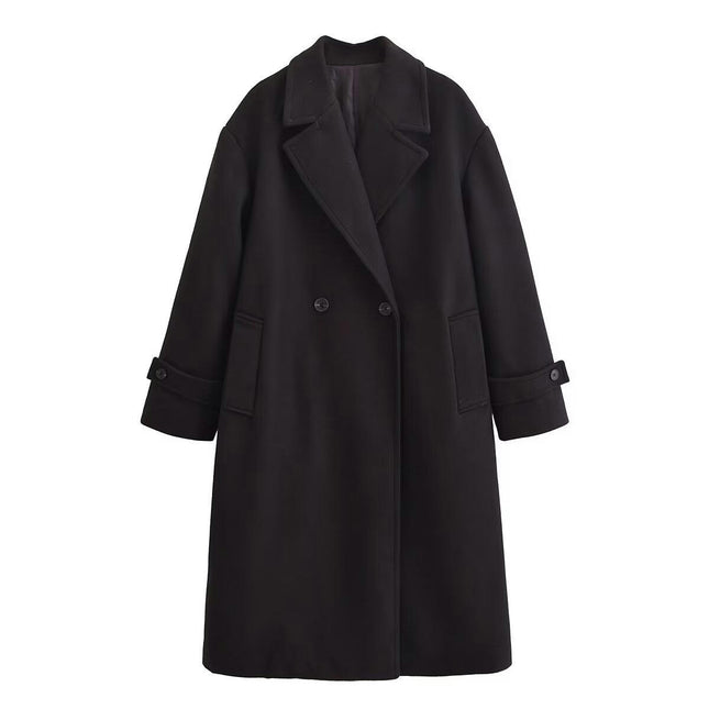 Womens Notched Lapel Collar Coat Winter Double-Breasted Outerwear Mid Long Jacket