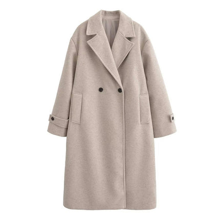 Womens Notched Lapel Collar Coat Winter Double-Breasted Outerwear Mid Long Jacket