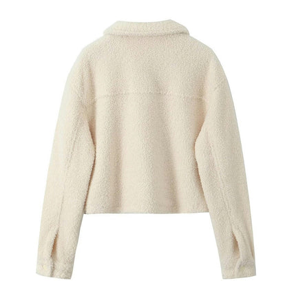 Women's Button Down Sherpa Cropped Jacket Long Sleeve Faux Fur Warm Fall Winter Outwear