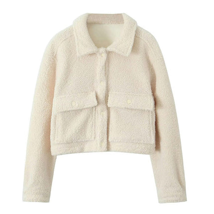 Women's Button Down Sherpa Cropped Jacket Long Sleeve Faux Fur Warm Fall Winter Outwear