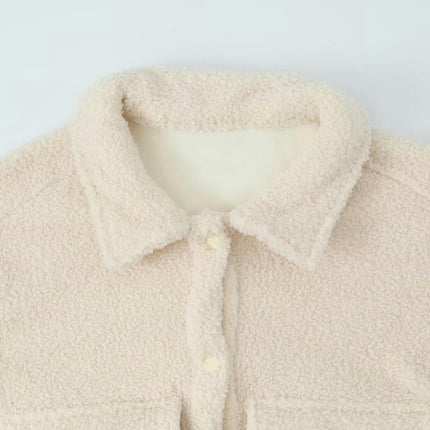 Women's Button Down Sherpa Cropped Jacket Long Sleeve Faux Fur Warm Fall Winter Outwear
