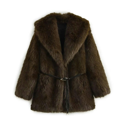 Faux Fur Coats for Women Fashion Shaggy Jackets Lapel Long Sleeve Outerwear with Belt