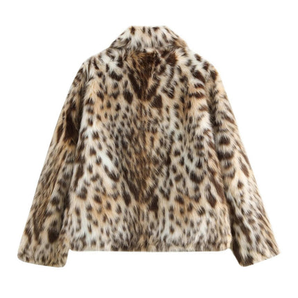 Women's Cropped Faux Fur Jacket Lapel Winter Fluffy Long Sleeve Coat