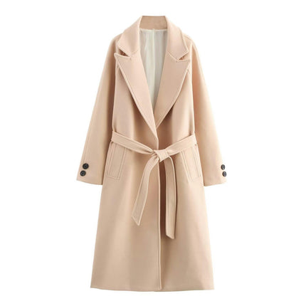 Womens Long Winter Coats Notched Collar Open Front Trench Coat with Belt