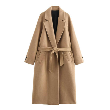 Womens Long Winter Coats Notched Collar Open Front Trench Coat with Belt