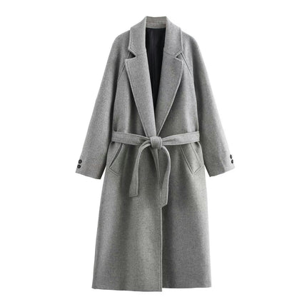Womens Long Winter Coats Notched Collar Open Front Trench Coat with Belt