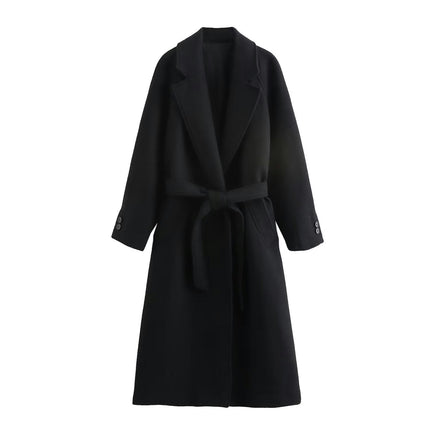 Womens Long Winter Coats Notched Collar Open Front Trench Coat with Belt