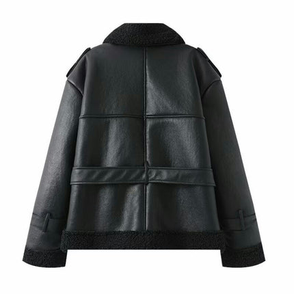 Faux Leather Jacket for Women Fleece Lined Sherpa Long Sleeve Warm Winter Coat with Belt