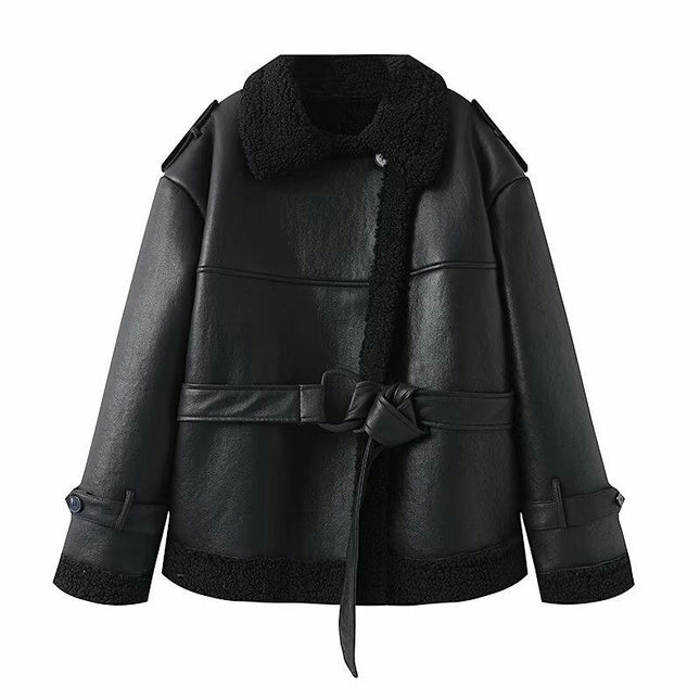 Faux Leather Jacket for Women Fleece Lined Sherpa Long Sleeve Warm Winter Coat with Belt
