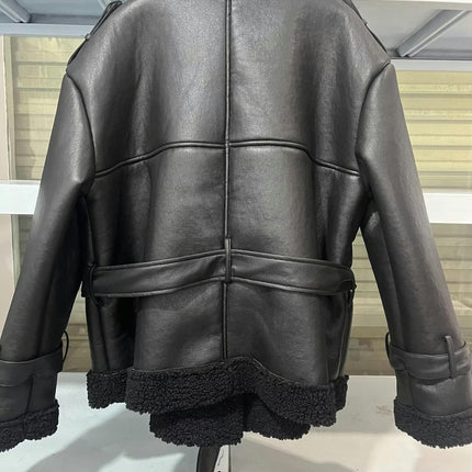 Faux Leather Jacket for Women Fleece Lined Sherpa Long Sleeve Warm Winter Coat with Belt