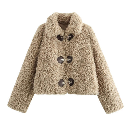 Women's Sherpa Fleece Cropped Jackets Casual Long Sleeve Buttons Lapel Coat Winter Outwear