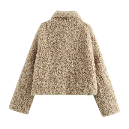 Women's Sherpa Fleece Cropped Jackets Casual Long Sleeve Buttons Lapel Coat Winter Outwear