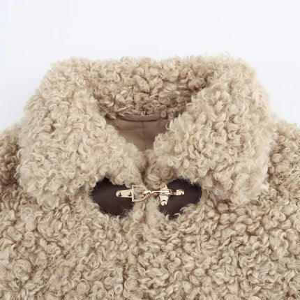 Women's Sherpa Fleece Cropped Jackets Casual Long Sleeve Buttons Lapel Coat Winter Outwear