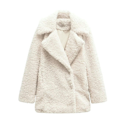 Womens Fuzzy Fleece Coats Lapel Button Jackets Winter Warm Casual Outwear