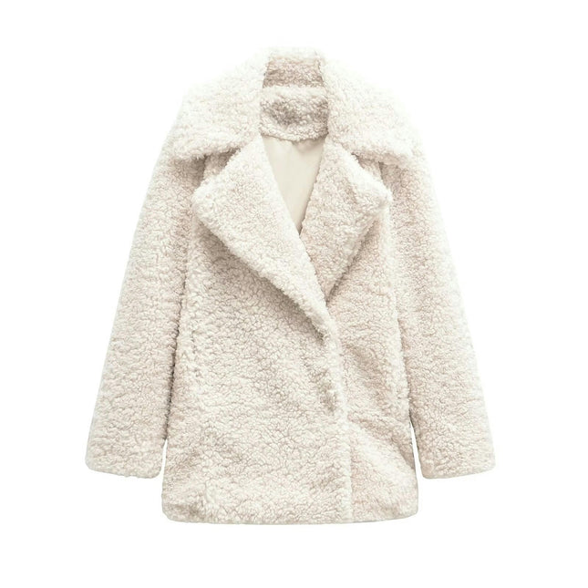 Womens Fuzzy Fleece Coats Lapel Button Jackets Winter Warm Casual Outwear
