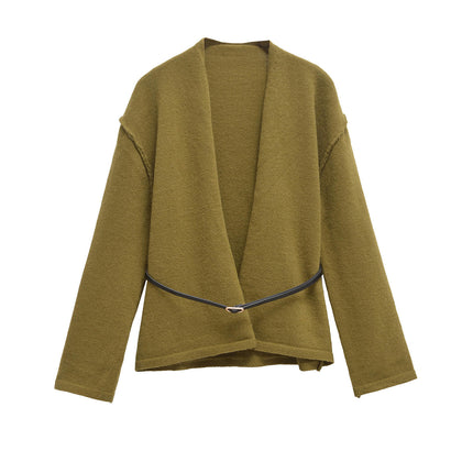 Women's Fall V-Neck Cropped Jacket Long Sleeve Wool Coat with Belt