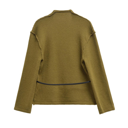 Women's Fall V-Neck Cropped Jacket Long Sleeve Wool Coat with Belt