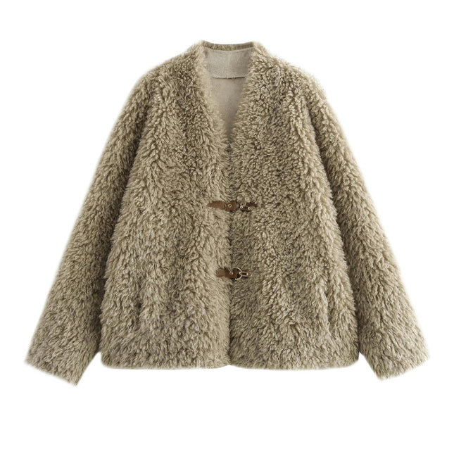Women's Casual V Neck Fleece Fuzzy Faux Shearling Coats Warm Winter Outwear Jackets