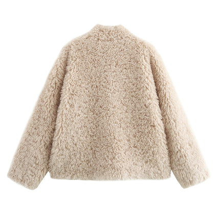 Women's Casual V Neck Fleece Fuzzy Faux Shearling Coats Warm Winter Outwear Jackets