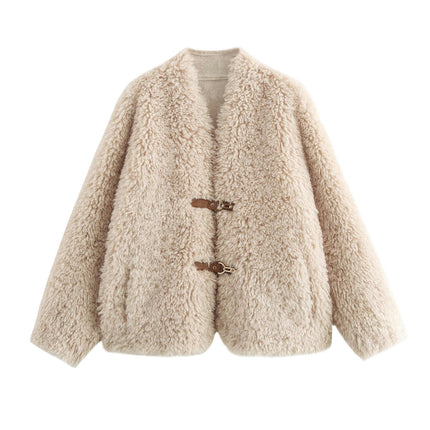 Women's Casual V Neck Fleece Fuzzy Faux Shearling Coats Warm Winter Outwear Jackets