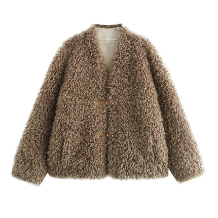 Women's Casual V Neck Fleece Fuzzy Faux Shearling Coats Warm Winter Outwear Jackets