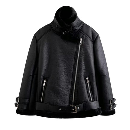 Women Winter Faux Shearling Lined Jacket Faux Leather Zipper Bomber Motorcycle Coat