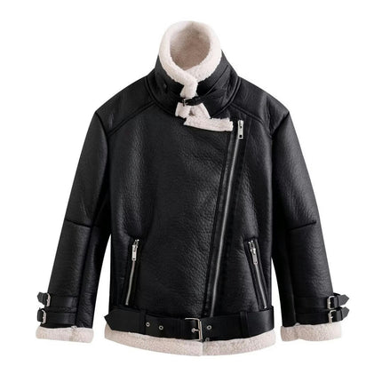 Women Winter Faux Shearling Lined Jacket Faux Leather Zipper Bomber Motorcycle Coat