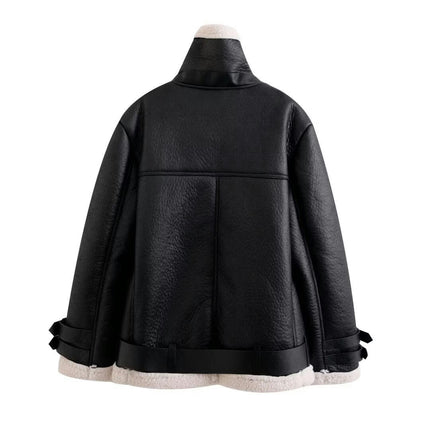 Women Winter Faux Shearling Lined Jacket Faux Leather Zipper Bomber Motorcycle Coat