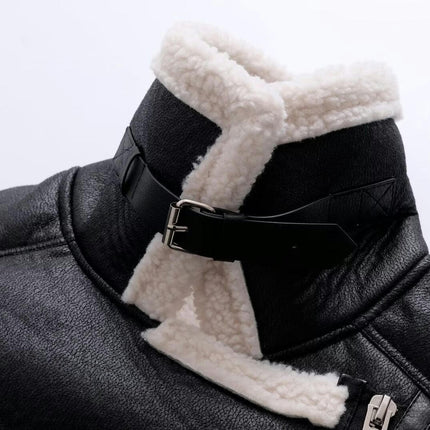Women Winter Faux Shearling Lined Jacket Faux Leather Zipper Bomber Motorcycle Coat