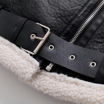 Women Winter Faux Shearling Lined Jacket Faux Leather Zipper Bomber Motorcycle Coat