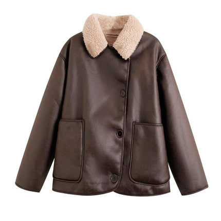 Women Faux Leather Jacket with Faux Fur Lining Winter Warm Biker Coat