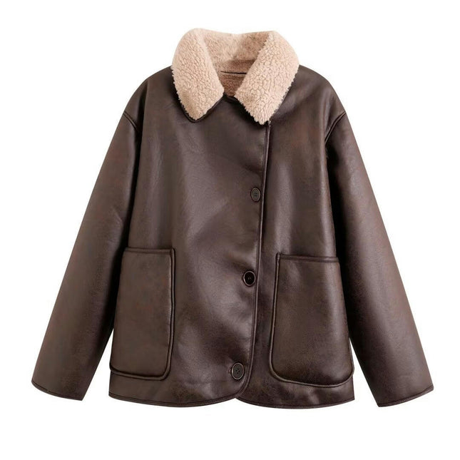 Women Faux Leather Jacket with Faux Fur Lining Winter Warm Biker Coat