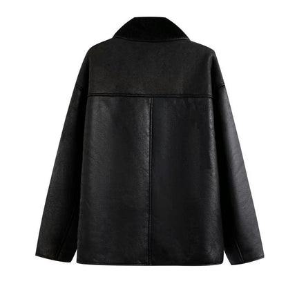 Women Faux Leather Jacket with Faux Fur Lining Winter Warm Biker Coat