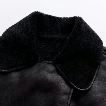 Women Faux Leather Jacket with Faux Fur Lining Winter Warm Biker Coat