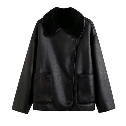 Women Faux Leather Jacket with Faux Fur Lining Winter Warm Biker Coat
