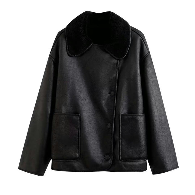Women Faux Leather Jacket with Faux Fur Lining Winter Warm Biker Coat