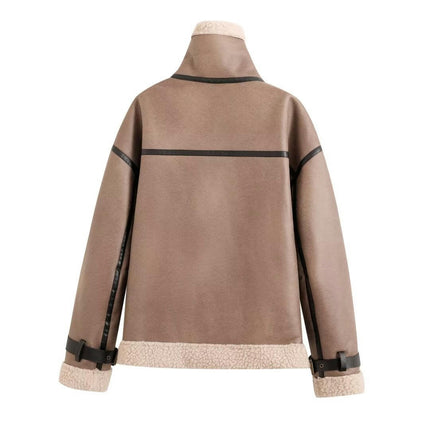 Women Faux Suede Moto Jacket Sherpa Fleece Lining Coat Bomber Outwear
