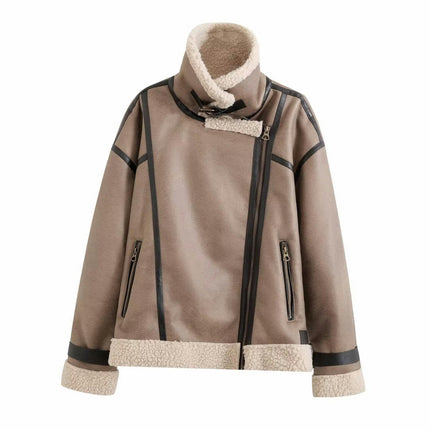 Women Faux Suede Moto Jacket Sherpa Fleece Lining Coat Bomber Outwear