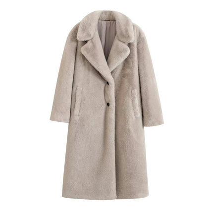 Women Faux Fur Winter Coats Lapel Long Coat Warm Button Outwear with Pocket