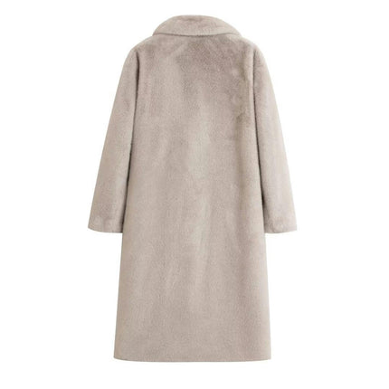 Women Faux Fur Winter Coats Lapel Long Coat Warm Button Outwear with Pocket