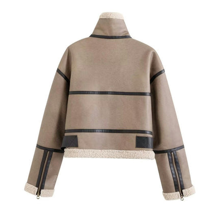Women's Faux Suede Jacket Zip Up Warm Motorcycle Coat Winter Fleece Lined Outwear