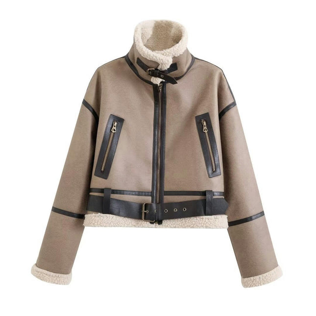 Women's Faux Suede Jacket Zip Up Warm Motorcycle Coat Winter Fleece Lined Outwear