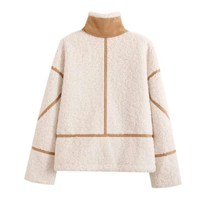 Womens Sherpa Jacket Stand Collar Zip Up Long Sleeve Fleece Coat with Pockets