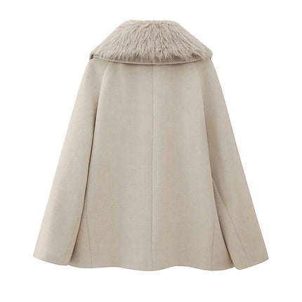 Women Wool Blend Jacket Winter Mid Long Faux Fur Lapel Coat Warm Outwear