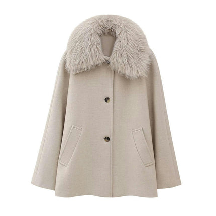 Women Wool Blend Jacket Winter Mid Long Faux Fur Lapel Coat Warm Outwear