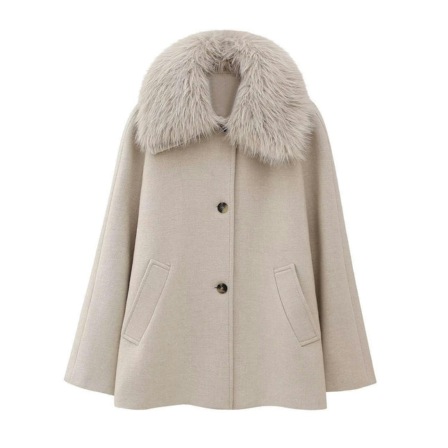 Women Wool Blend Jacket Winter Mid Long Faux Fur Lapel Coat Warm Outwear