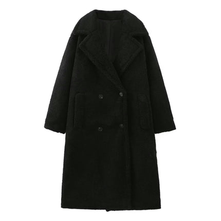 Womens Fuzzy Fleece Double Breasted Long Coats Lapel Jackets Winter Warm Casual Outwear