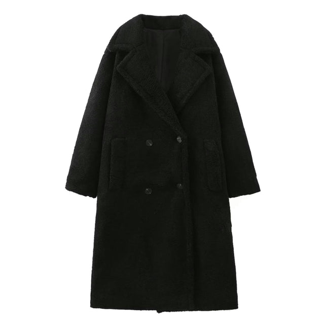 Womens Fuzzy Fleece Double Breasted Long Coats Lapel Jackets Winter Warm Casual Outwear